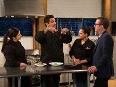 Chopped host Ted Allen and chefs: Alex Guarnaschelli, Aaron Sanchez and Maneet Chauhan taste and discuss their appetizers, as seen on Food Network's Chopped After Hours, Season 25.