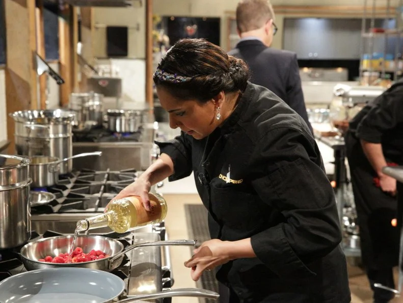 Maneet Chauhan during a webisode with special ingredients, zucchini, chocolate covered raisins, vanilla liqueur, and peanut brittle, as seen on Food Network’s Chopped After Hours, Season 25.