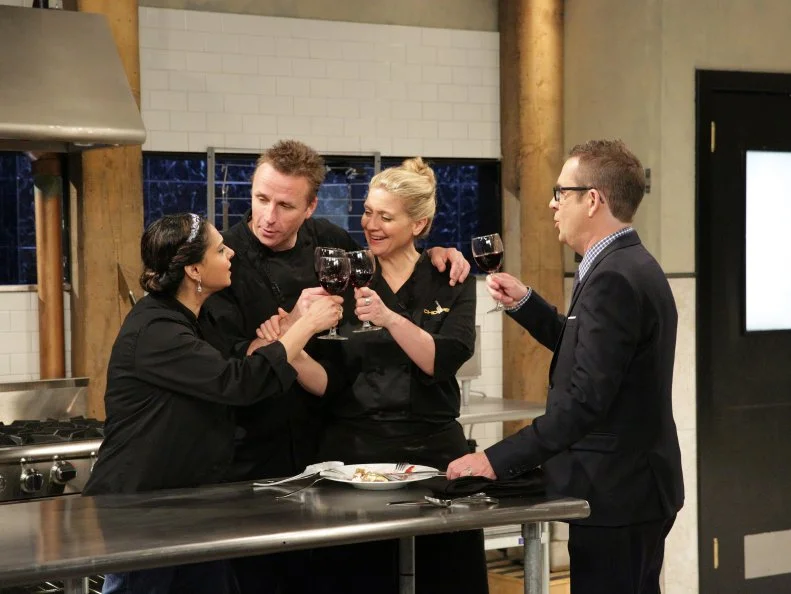 Ted Allen, Marc Murphy, Amanda Freitag and Maneet Chauhan, during a webisode with special ingredients, zucchini, chocolate covered raisins, vanilla liqueur, and peanut brittle, as seen on Food Network’s Chopped After Hours, Season 25.