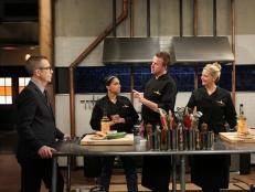 Ted Allen, Marc Murphy, Amanda Freitag and Maneet Chauhan, during a webisode with special ingredients, zucchini, chocolate covered raisins, vanilla liqueur, and peanut brittle, as seen on Food Network’s Chopped After Hours, Season 25.