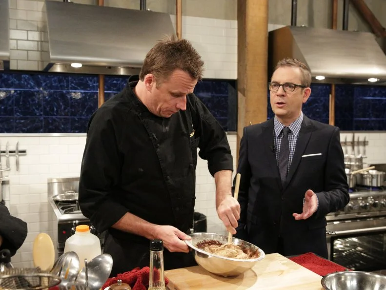 Marc Murphy and Ted Allen during a webisode with special ingredients, zucchini, chocolate covered raisins, vanilla liqueur, and peanut brittle, as seen on Food Network’s Chopped After Hours, Season 25.