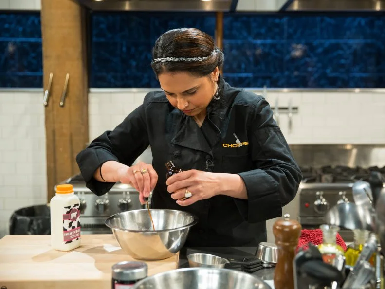 Maneet Chauhan, during a dessert theme webisode cooking with Mississippi mud pie, brie, maraschino cherries and potato crisps, as seen on Food Network’s Chopped After Hours, Season 26.
