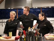 Amanda Freitag, Alex Guarnaschelli and Marc Murphy, during a pub food theme webisode with special ingredients, house smoked bacon, fish Cheeks, deviled eggs, and house made pickles, as seen on Food Network’s Chopped After Hours, Season 24.