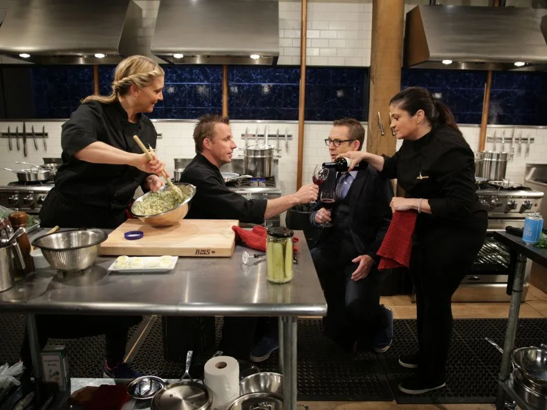 Ted Allen, Amanda Freitag, Alex Guarnaschelli and Marc Murphy, during a pub food theme webisode with special ingredients, house smoked bacon, fish Cheeks, deviled eggs, and house made pickles, as seen on Food Network’s Chopped After Hours, Season 24.