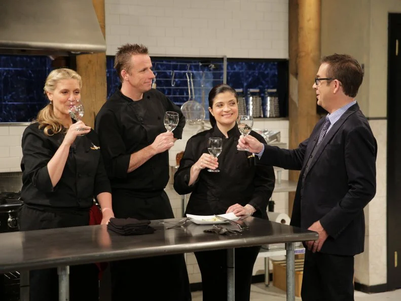 Ted Allen, Amanda Freitag, Alex Guarnaschelli and Marc Murphy, during a pub food theme webisode with special ingredients, house smoked bacon, fish Cheeks, deviled eggs, and house made pickles, as seen on Food Network’s Chopped After Hours, Season 24.