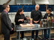 Maneet Chauhan, Geoffrey Zakarian, Alex Guarnaschelli and Ted Allen during a dessert theme webisode cooking with Mississippi mud pie, brie, maraschino cherries and potato crisps, as seen on Food Network’s Chopped After Hours, Season 26.
