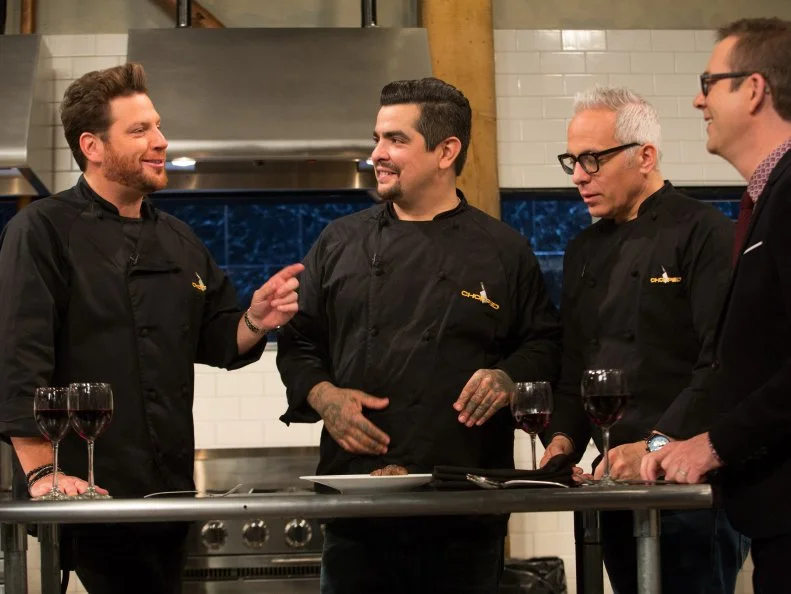 Chopped host Ted Allen and chefs: Scott Conant, Aaron Sanchez and Geoffrey Zakarian tasting and commenting on their entrees, as seen on Food Network's Chopped After Hours, Season 24.