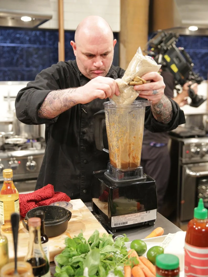 Chris Santos, during a grandpa theme webisode with special ingredients, London broil, rutabaga, broccoli rabe and peanut butter taffy, as seen on Food Network’s Chopped After Hours, Season 26.