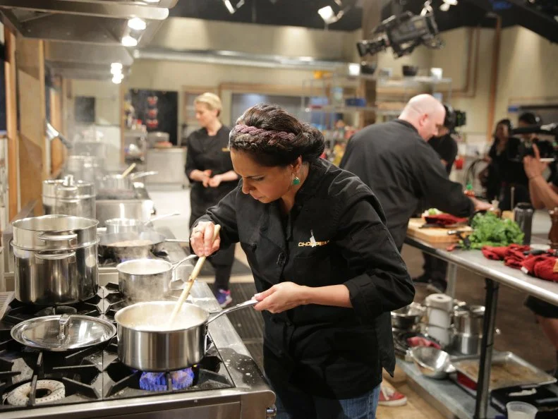 Maneet Chauhan, during a grandpa theme webisode with special ingredients, London broil, rutabaga, broccoli rabe and peanut butter taffy, as seen on Food Network’s Chopped After Hours, Season 26.