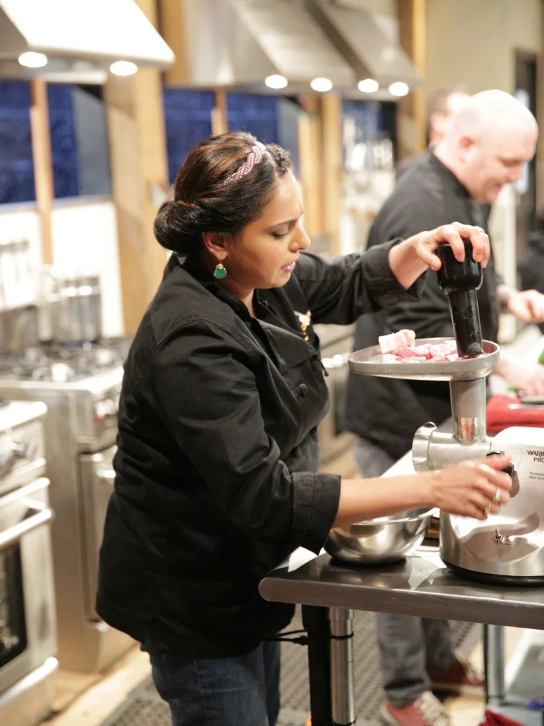 Maneet Chauhan, during a grandpa theme webisode with special ingredients, London broil, rutabaga, broccoli rabe and peanut butter taffy, as seen on Food Network’s Chopped After Hours, Season 26.