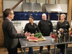 Ted Allen, Maneet Chauhan, Amanda Freitag, and Chris Santos, during a grandpa theme webisode with special ingredients, London broil, rutabaga, broccoli rabe and peanut butter taffy, as seen on Food Network’s Chopped After Hours, Season 26.