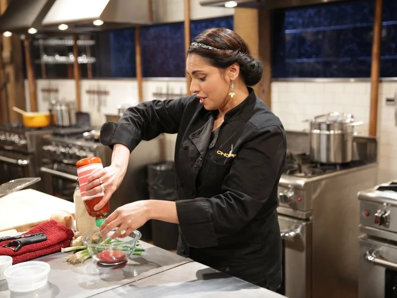 Maneet Chauhan uses pork roll, baby eggplant, pizza dough and Chinese spaghetti sauce, during a family affair theme webisode, as seen on Food Network’s Chopped After Hours, Season 26.