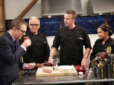 Ted Allen, Geoffrey Zakarian, Marc Murphy
and Maneet Chauhan, using pork roll, baby eggplant, pizza dough and Chinese spaghetti sauce, during a family affair theme webisode, as seen on Food Network’s Chopped After Hours, Season 26.