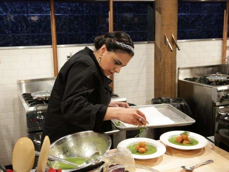 Maneet Chauhan during a webisode with special ingredients, lasagna, arugula, onion blossom chips and ground pork, as seen on Food Network’s Chopped After Hours, Season 26.