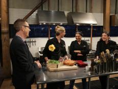 Ted Allen, Alex Guarnaschelli, Maneet Chauhan and Amanda Freitag during a webisode with special ingredients, lasagna, arugula, onion blossom chips and ground pork, as seen on Food Network’s Chopped After Hours, Season 26.