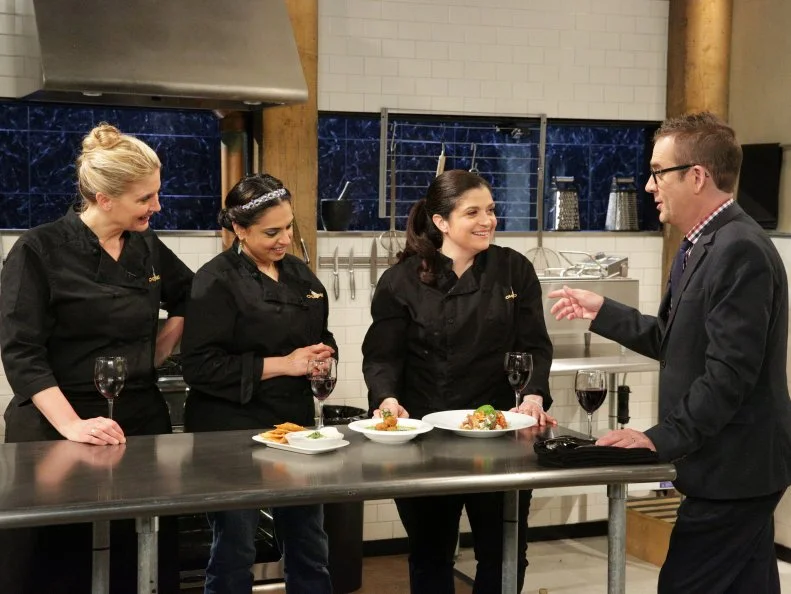 Ted Allen, Alex Guarnaschelli, Maneet Chauhan and Amanda Freitag during a webisode with special ingredients, lasagna, arugula, onion blossom chips and ground pork, as seen on Food Network’s Chopped After Hours, Season 26.