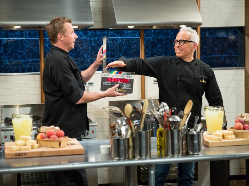 Geoffrey Zakarian and Marc Murphy
cooking with lemonade, ball park peanuts, marshmallow-cereal treats and peaches, during a veteran theme webisode, as seen on Food Network’s Chopped After Hours, Season 26.