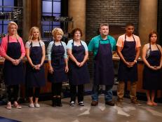 Recruits from the blue team are introduced to their elimination challenge as seen on Food Network's Worst Cooks in America, Season 8.