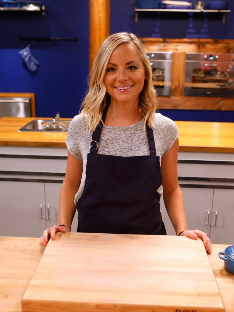 Blue team recruit Rachel Thomas poses on the set of Food Network's Worst Cooks in America, Season 8.