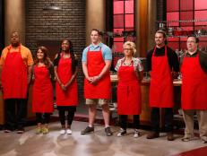 Recruits from the red team are introduced to their elimination challenge as seen on Food Network's Worst Cooks in America, Season 8.
