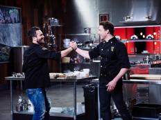 Chefs Fabio Viviani and Rocco DiSpirito during Round 3 evaluations, as seen on Food Network's Cutthroat Kitchen, Season 11.