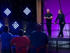 Chef Robert Irvine is introduced as special mentor and guest judge by Host Ted Allen with August Dannehl, Sherri Williams, and Joseph Harris during the introduction of the first challenge, canned food dish, as seen on Food Network's All-Star Academy, Season 1.