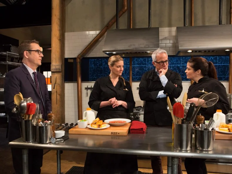 Chopped after hours host Ted Allen discusses the April Fools day ingredients with chefs: Amanda Frietag, Geoffrey Zakarian and Alex Guarnaschelli, as seen on Food Network's Chopped After Hours, Season 23.