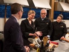 Chopped after hours host Ted Allen discusses the April Fools day ingredients with chefs: Amanda Frietag, Geoffrey Zakarian and Alex Guarnaschelli, as seen on Food Network's Chopped After Hours, Season 23.