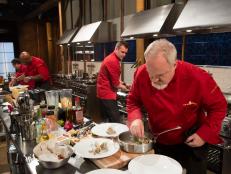 Chefs: Eric Greenspan, Madison Cowan, Brian Malarkey and Art Smith work on their appetizers that must include: smoked pork tails, Culantro, Natto and clamsfor Chopped $75,000 charity All-Stars competition, as seen on Food Network's Chopped, Season 24.
