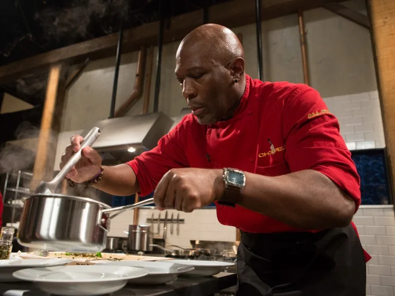 Chef Madison Cowan working on his entree that must include: shrimp skin, Hamachi, Pomelo and fresh green garlicfor Chopped $75,000 charity All-Stars competition, as seen on Food Network's Chopped, Season 24.