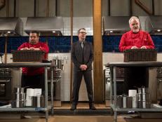 Chopped host Ted Allen and chefs Eric Greenspan and Art Smithfor Chopped $75,000 charity All-Stars competition, as seen on Food Network's Chopped, Season 24.