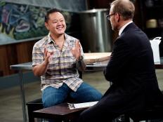 Hosts Jet Tila and Alton Brown talk after Round 3, as seen on Food Network's Cutthroat Kitchen, Season 7.