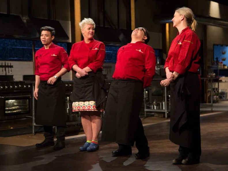 Chefs: Hung Huynh, Anne Burrell, Dale Talde and Mary Sue Milliken react to finding out which chefs will move on to the next round and which chef will be Chopped, as seen on Food Network's Chopped, Season 24.