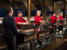 Chopped host Ted Allen tells chefs: Hung Huynh, Anne Burrell, Dale Talde and Mary Sue Milliken to open their baskets for Chopped $75,000 charity All-Stars competition, as seen on Food Network's Chopped, Season 24.