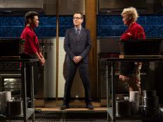 Chopped host Ted Allen stands between chefs Hung Huynh and Anne Burrell at the start of the dessert round for Chopped $75,000 charity All-Stars competition, as seen on Food Network's Chopped, Season 24.