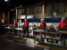 Competitor chefs, Jet Tila, Michael Psilakis, Anne Burrell and Art Smith with Host Ted Allen during the All Star Tournament Finale, as seen on Food Networkâ  s Chopped, Season 24.