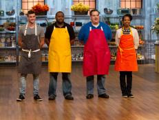 Contestants (L-R) Damiano Carrara, Dwayne Ingraham, Andy Chlebana, and Simone Faure, wait for Host Bobby Deen to announce the winner of the "Pie for a Picnic" pre-heat challenge, as seen on Food Network's Spring Baking Championship, Season 1.