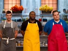 Contestant Dwayne Ingraham, second from left,  reacts as Host Bobby Deen declare him winner of the "Pie for a Picnic" pre-heat challenge, as seen on Food Network's Spring Baking Championship, Season 1.