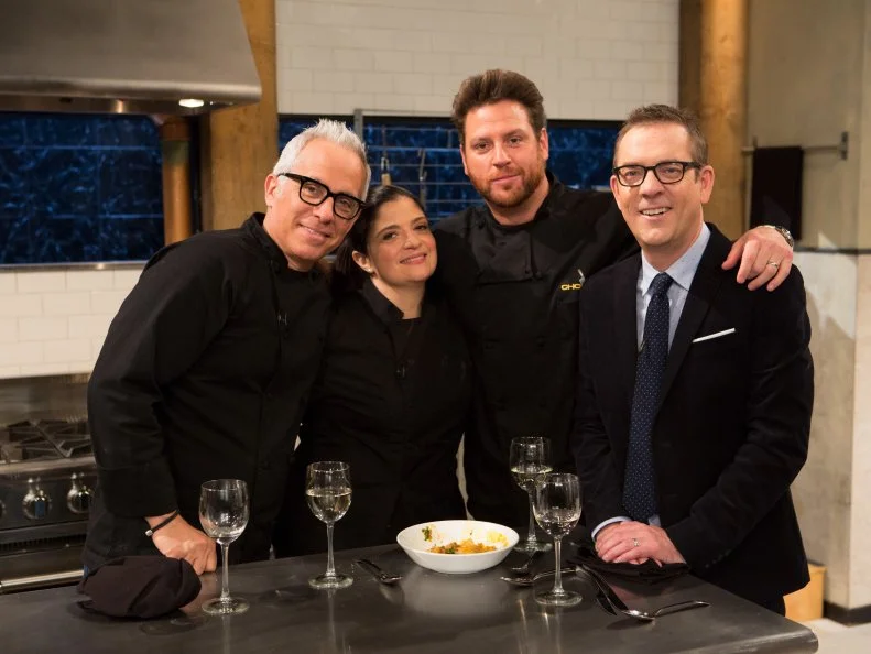 Chopped host Ted Allen and chefs: Geoffrey Zakarian, Alex Guarnaschelli and Scott Conant , as seen on Food Networks Chopped, season 27 webisode
