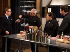 Chopped host Ted Allen and chefs: Geoffrey Zakarian, Alex Guarnaschelli and Scott Conant discuss the mystery basket ingredients from episode-24-07 (all star finale) are: fish carcass, calabrian chiles, tasso ham and purple potatoes, as seen on Food Networks Chopped, season 27 webisode
