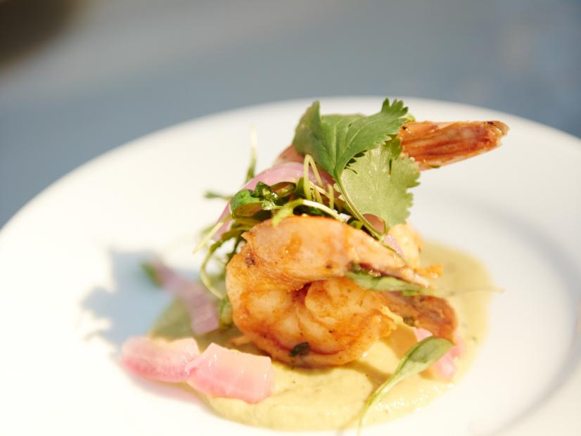 Finalist Eddie Jackson's dish, Chipotle Shrimp with Grilled Avocado Cream, for the Star Challenge, Food Star Showcase, as seen on Food Network Star, Season 11.