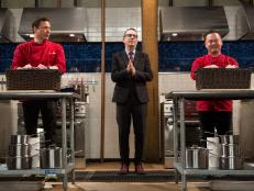 Chopped host Ted Allen and chefs Rocco Dispirito and Jet Tila before starting the desert round for Chopped All-Stars $75,000 charity competition, as seen on Food Network's Chopped, Season 24.