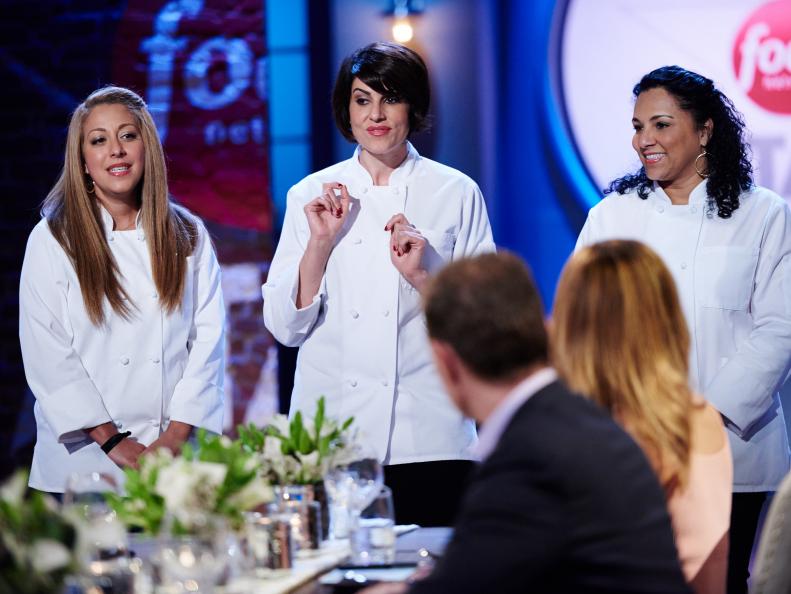 Finalists Michelle Karam, Rosa Graziano and Sita Lewis talking to the Selection Committee about their dishes during the Star Challenge, Trendy Dinner, as seen on Food Network Star, Season 11.