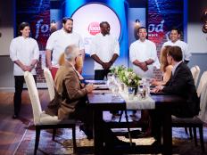 Finalists Alex McCoy, Jay Ducote, Eddie Jackson, Dom Tesoriero and Arnold Myint talk with Guest Judges Geoffrey Zakarian, Sunny Anderson and Selection Committee Giada de Laurentiis and Bobby Flay during the Star Challenge, Trendy Dinner, as seen on Food Network Star, Season 11.