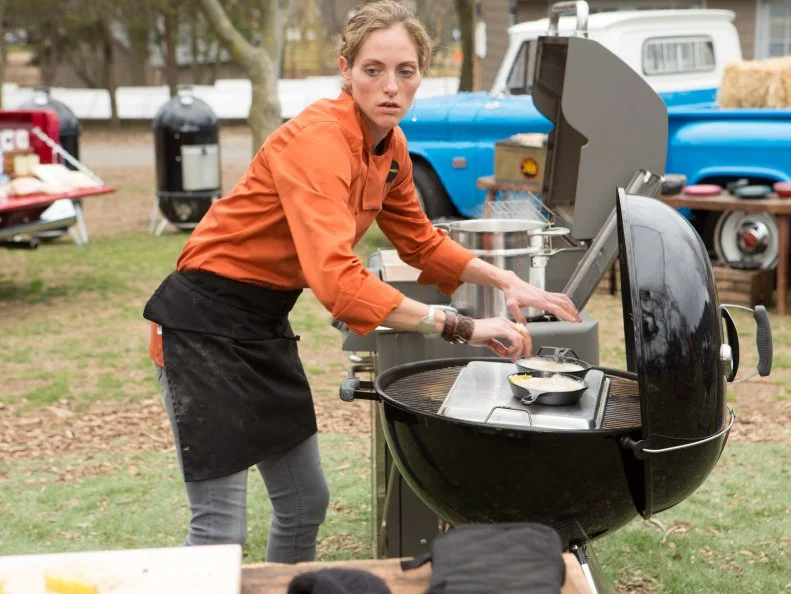Chef Mary Brent Gaylean works on her dessert that must include: acorn squash, cupcakes, bananas and ras el hanout, as seen on Food Network's Chopped, Grill Masters Special.