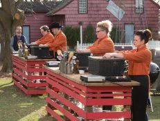 Chopped host Ted Allen and Chefs: Chris Hart, Randy Pauly, Danielle Dimovski and Staci Graves Jett, as seen on Food Network's Chopped, Grill Masters Special.