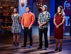 Finalists Rue Rusike, Arnold Myint, Dom Tesoriero and Michelle Karam in elimination for the Star Challenge, Perfect Match, as seen on Food Network Star, Season 11.