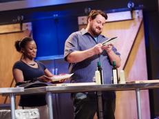 Finalists Rue Rusike and Jay Ducote during the reveal of the Mentor Challenge, Mismatched, as seen on Food Network Star, Season 11.