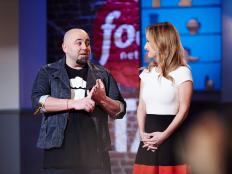 Guest Judge Duff Goldman and Mentor Giada de Laurentiis during the reveal of the Mentor Challenge, Ciciâ  s Pizza Challenge, as seen on Food Network Star, Season 11.
