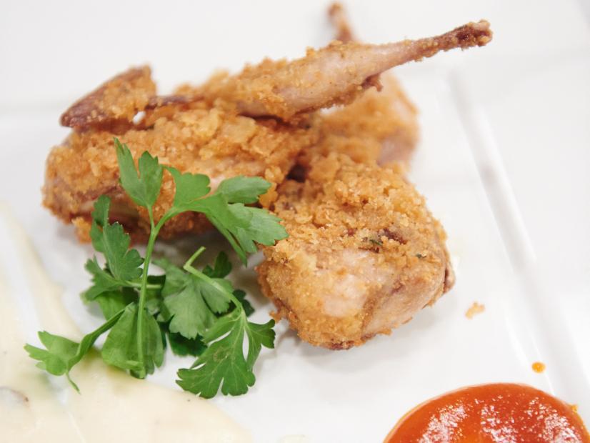 Finalist Eddie Jackson's dish, Salt and Vinegar Encrusted Quail with a Potato and White Cheddar Puree, for the Star Challenge, Improv, as seen on Food Network Star, Season 11.